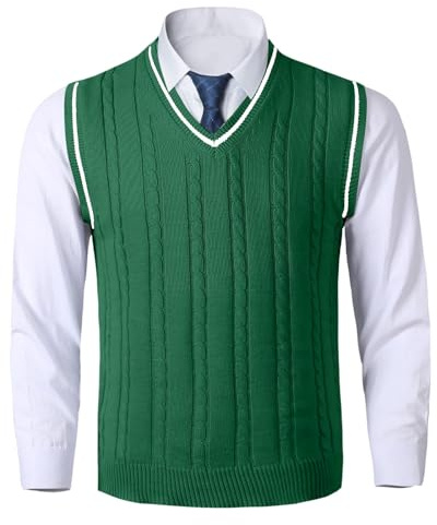Men's Sweater Vest,V Neck Sleeveless Jumpers Vest,Cable Knitted Wool Sweater Tank Tops,Slipover Gilet,Slim Fit Pullover Waistcoat,Casual Knitwear for Men UK Autumn Winter Green