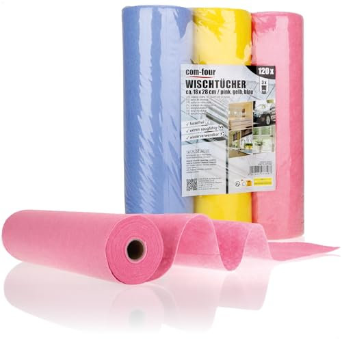 com-four® 120x Asciugamani per la casa in Rotolo in 3 Colori - Panni per la Pulizia Estremamente assorbenti e Resistenti in Viscosa - salviette Multiuso riutilizzabili (18x28-120 Pezzi - Rotolo)