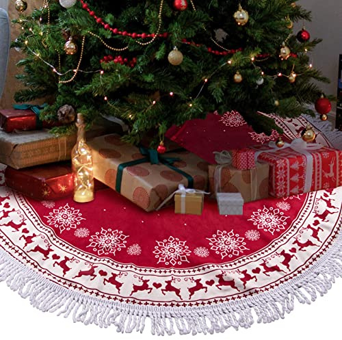 Jupe de Sapin de Noel Rouge, Cache Pied Sapin de Noël 97cm, Tapis Couvre-Pied Tour Dessous Arbre de Noel, avec Gland Élans en Flocon de Neige