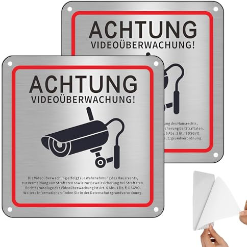 LIURFLNC 2 Stück Schild Videoüberwachung, Selbstklebend, Aluminium, 15 cm x 15 cm, Warnung, Silbergrau