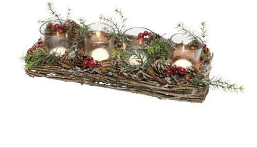 Festliches Adventsgesteck aus Weide mit roten Beeren und 4 Kerzengläsern – Stimmungsvolle Deko für die Adventszeit, 40x15x10 cm