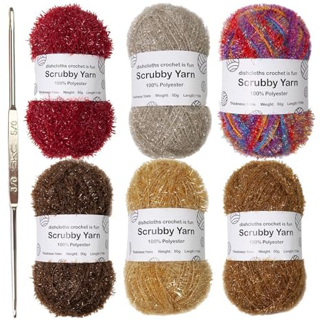 Scrubby Yarn | 6 Skeins Cotton Yarn for Dishcloths | Yarn for Crocheting | Sparkly Wool | Glitter Knitting Yarn Bundle for Knitting Dishcloths Craft Projects