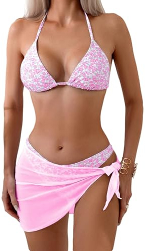 GORGLITTER Triangelbikini med kjol, damset, 3 delar, bikini med blommor, Hawaii halterneck baddräkt med cover up kjol, söt badmode, baddräkt, ROSA, S