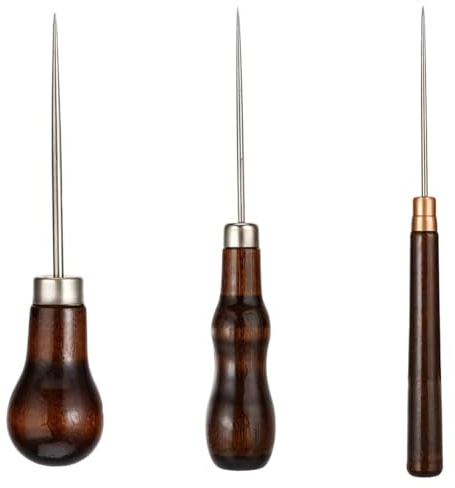 Kueohse 3-Teiliges Ahle-Werkzeugset, Leder-Kratzahle, Nähahle mit Holzgriff, Piercingahle, Nadelwerkzeuge