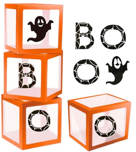 Kiuiom Decorazioni per Scatole di Palloncini di Halloween,Scatole Trasparenti per Palloncini,Decorazioni per Feste di Halloween,1 Set di 4 Scatole Arancioni e 8 Adesivi,Adatto per Feste Creative