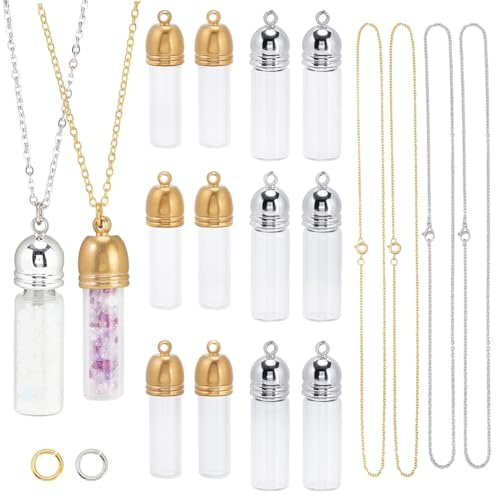 SUNNYCLUE 1 boîte DIY 6 ensembles Kit de Collier de Fiole Pendentif de Collier de Bouteille Or Argent Clair Souhaitant Mémoire Bouteilles en Verre Suspendues Tube Vide Charmes pour Kits de Fabrication