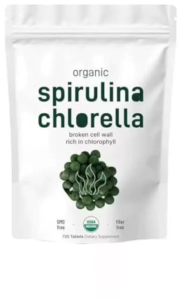 Tabletas orgánicas de la espirulina Chlorella, sin relleno y no GMO, | Pared celular agrietada para una mejor absorción | Rico en proteínas veganas y clorofila