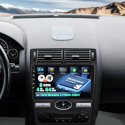 CAMECHO Qualcomm 8 Core 4G+64G Android 15 Autoradio para Ford Mondeo 3 2004-2007 (Hatchback),Doble DIN Radio con 9 Touchscreen Soporta CarPlay,Dual WiFi,GPS,Bluetooth5.1, Dolby/Hi-Res+Cámara Trasera