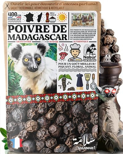Nabür - 400gr Poivre de Madagascar | Poivre Noir en Grain | Note Fruité, Animal, Florale