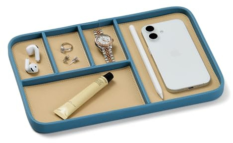 Nordik Leder Valet Tray - Großes EDC Tablett - Nordik Blue 30 x 20 cm | Premium veganes Leder mit zweifarbigem Design, mit fünf Fächern, Nachttisch & Auffangschale für Schlüssel, Uhr und Schmuck