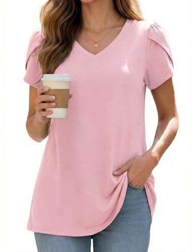 Enmain Tunika Dam Kortärmad Sommar V-ringning Blus Stora Storlekar Lösen Passform T-shirt Festliga Överdelar Elegant Lässigt Swing, ROSA, L