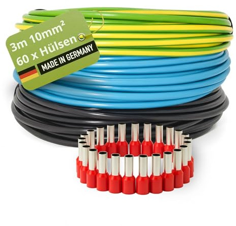 INVOLT H07V-K Set di cavi di cablaggio, 10 mm², 3x3m fili singoli, Nero/Blu/Verde-Giallo, certificato VDE