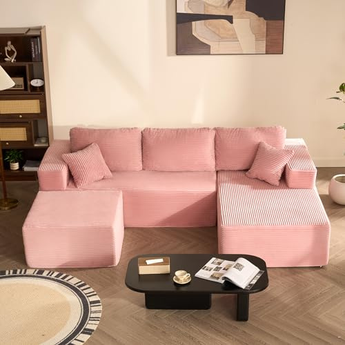 Litbird U-förmiges modulares Ecksofa 272 cm mit Schlaffunktion, rahmenloses Oversize Schlafsofa mit Chaiselongue Links, extra Tiefe Sitzfläche, montagefrei – für Wohnzimmer & Schlafzimmer,Rosa