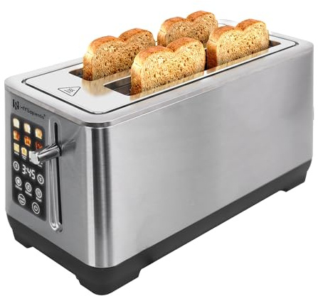 HYSapientia 4 Slice Slim Toaster with Touchscreen Display, 6-Level Browning, 13cm Extra-Deep Wide Slots, White Grain Waffle Gluten Free Modes, Defrost Reheat,Stainless Steel
