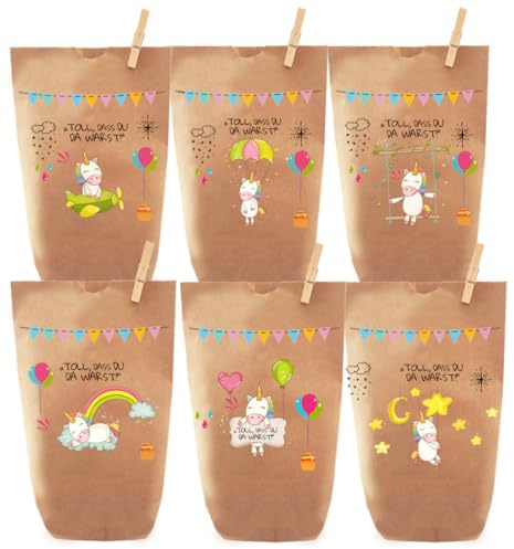 Paul´s Papierfabrik 6x wunderschöne Einhorn Geschenktüten/Papiertüten, Tüten liebevoll bedruckt, für Geschenke, Gastgeschenke, Mitgebsel, Giveaways, Kindergeburtstag, Hochzeit