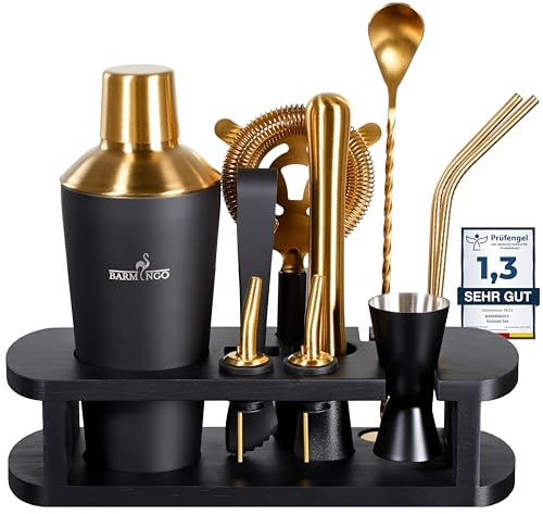 BARMINGO® Edelstahl Cocktail Set 11tlg. – 700 ml Cocktail Shaker Set mit Ständer und Bar Zubehör, Cocktailshaker Set | Barkeeper Set | Cocktail Mix Set | Bar Set | Geschenkset | Schwarz & Gold