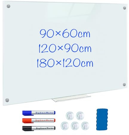 maxtek Tableau Magnétique Verre Trempé, 90 x 60 cm Tableau Blanc Effaçable Mural, Morden Whiteboard sans Cadre, Inklusive 5 Néodyme Aimants, 3 Markers, 1 Gomme, pour Club d'affaires, Bureau, Domicile