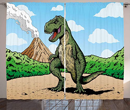 ABAKUHAUS Dinosaurier Rustikaler Gardine, T-Rex Aktiver Vulkan, Schlafzimmer Kräuselband Vorhang mit Schlaufen und Haken, 280 x 225 cm, Hellbraun Hellblau