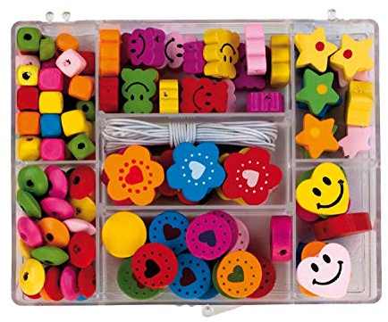 Pracht Creatives Hobby 0855-161 Holzperlen Mix in verschiedenen Formen und Farben sortiert, mit weißer Kordel zum Auffädeln, zum Basteln von Ketten, Armbändern und anderem Schmuck