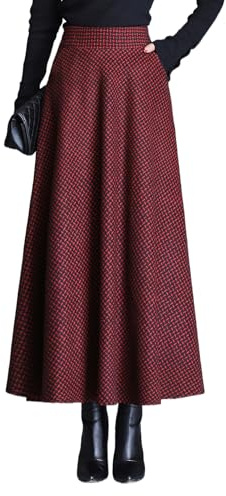 Womens Fall Winter Wool Plaid Long Skirt High Waisted A-line Pleated Swing Maxi Skirts(L,Red Wine)