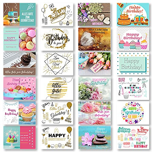 Domelo Geburtstagskarten 24er Set mit Umschlag, Happy Birthday Postkarten | Kraftpapier Karten zum Geburtstag, Geburtstagskarte für Mann/Frau/Kinder, Postkarte als Grußkarten. 24 Karten + 24 Umschläge