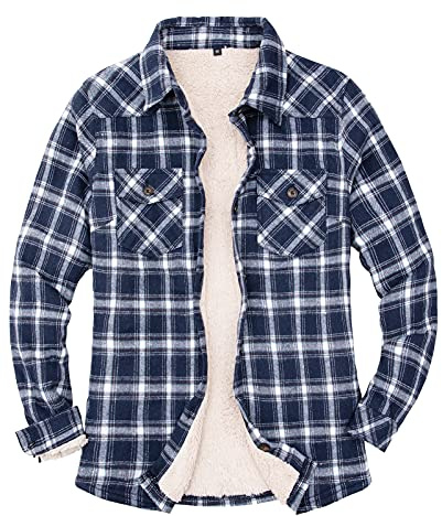 ZENTHACE Damen-Sherpa-Fleece-Futterte Plaid-Flannel-Jacke, Knopfverschluss-Flannel-Hemdjacke (Vollständige Sherpa-Futterung)