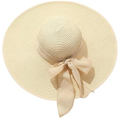 Cappello di paglia estivo da donna Cappello di paglia di protezione solare a tesa larga Cappello di paglia estivo pieghevole Floppy Sun Hat Cappello da spiaggia UPF 50+(Beige), beige, Taglia unica