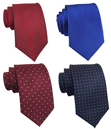 Rossika Lot 4 PCS Classic Men's Tie Stripe Solid Stripe Jacquard Woven Silk Tie Business Formal Necktie Royal Blue, Burgundy Red Dot, Wine Red, Navy Pink