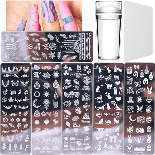 Lot de 6 plaques de stamping pour nail art, avec 1 tampon transparent, 1 grattoir (attrape-rêves, herbe, motif, feuilles, lapin, chat)