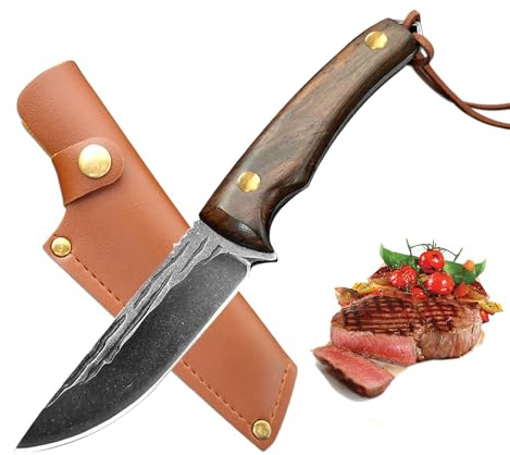 Fubinaty Chef Knife 4 Inch BBQ Knife Handmade Forged Meat and Fruit Knife High Carbon Steel Small Kitchen Knives with Full Tang Wood Handle and Leather Sheath for Home, Restaurant