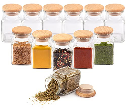 EVADUESS Gewürzgläser mit Holzdeckel, 150ml x 12, Aufbewahrungsgläser, Gewürzdosen, Gewürzset, Gewürzbehälter, Gewürzstreuer, Gewürzaufbewahrung, Gewürz organizer, Küchenorganizer, Zutatenbehälter