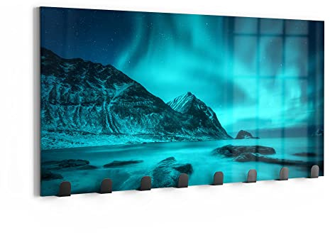 DEQORI Wandgarderobe Glas & Metall | Motiv Polarlichter in Norwegen | 60x30 cm | Design Haken-Leiste modern | Garderoben-Paneel für Flur, Wohnzimmer & Schlafzimmer | magnetisch & beschreibbar