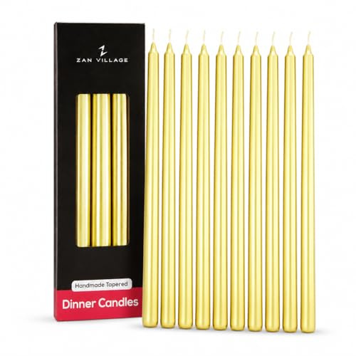 Taper Candles Long Burning, Pack of 10 Gold Dinner Candles, 25cm Tall Unscented Candle Sticks, Up to 7 Hour Burn Time, Cotton Wick, Coated Table Candles for Candlesticks, Parties & Decor