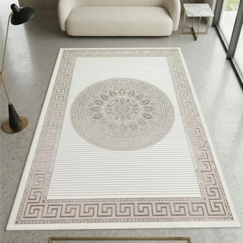 CARPETIA Matta vardagsrum sovrum vardagsrumsmatta kort lugg matta modern ädel glans effekt ornament krämfärgad beige 200 x 290 cm