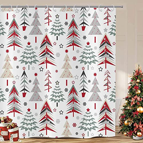 ASDCXZ Tenda da Doccia per Natale 180x180 cm, Rosso Verde Grigio Albero di Natale Fiocchi di Neve Inverno Decorazione Bagno Lavabile Tende da Doccia in Poliestere Tessuto Impermeabile Tenda da Doccia