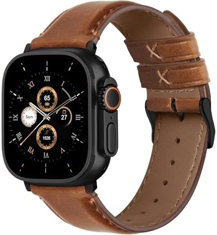 Fullmosa Armband, kompatibelt med Apple Watch, retro, läder, passar Apple Watch Ultra 2/Ultra (49 mm), Series 10 (46 mm), 9/8/7 (45 mm), SE2/SE/6/5/4 (44 mm), 3/2/1 (42 mm) – brunt armband med svart