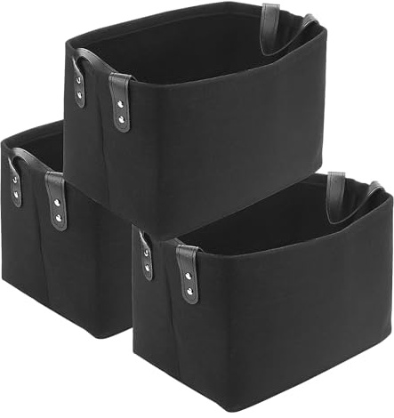 JIAYUET Filz-Aufbewahrungskorb, klein, rechteckig, faltbar, mit Griff, große offene Aufbewahrungsboxen für Kleidung, Handtücher, 30 x 20 x 20 cm, Schwarz, 3 Stück