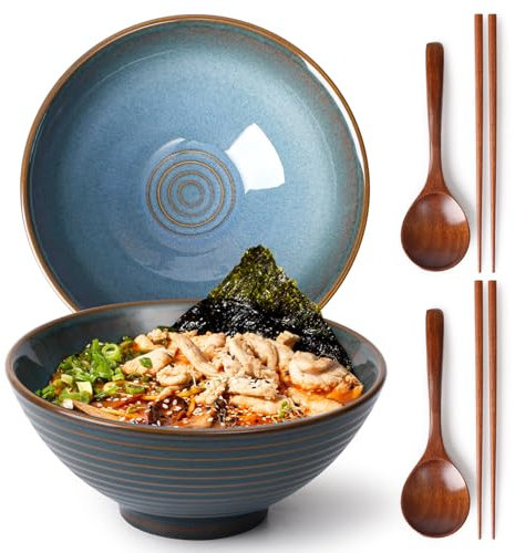 NUTRIUPS 8 Inch Ceramic Ramen Bowl Set of 2 Pho Bowls 40oz Japanese Noodle Udon Soup Bowls with Spoons and Chopsticks (Ocean Blue)