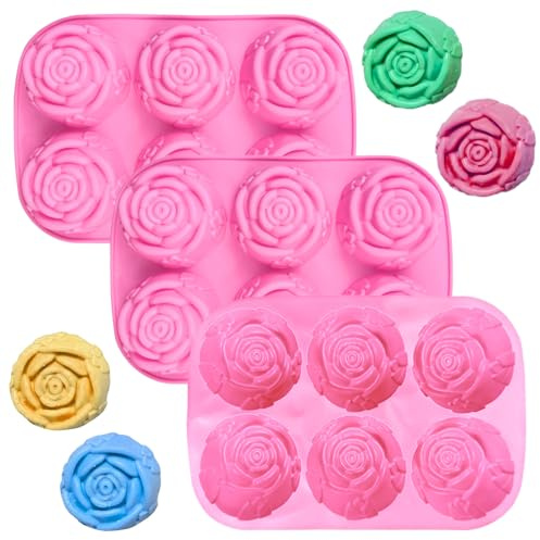 Blommiga silikonformar, 6 håligheter silikon blomma formad form, set med 3 st non-stick rosa silikonformar för chokladgodis, isbitar