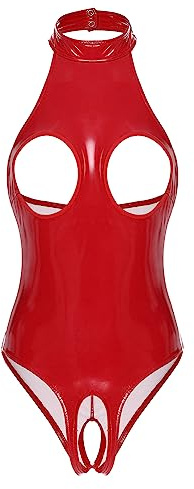 TiaoBug Damen Wetlook Bodysuit Ouvert Hose Latex Catsuit Lack Leder Overall Jumpsuit Ärmellos Tank Top Hot Pants Sexy Dessous Gogo Clubwear Rot D 3XL