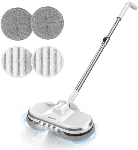 AlfaBot WS-24 - Trapeador eléctrico inalámbrico, mopa giratoria eléctrica para limpieza de suelos, con limpiador de pisos ligero y recargable con pulverizador de agua y faro LED para suelos de madera