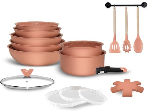 Arthur Martin, AMP61, batería de cocina de aluminio de 18 piezas con revestimiento antideslizante, que incluye sartenes, cacerolas, sartén para saltear, wok, tapas y utensilios - Dusty Rose, 20-28 cm