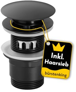 Bürstenking Ablaufgarnitur Waschbecken – Ablaufventil mit Haarsieb – für Waschbecken & Waschtisch – 1 1/4 Anschlussgewinde – Push-Open Funktion – mit Überlauf – 6,0 cm – ø 66 mm – matt Schwarz