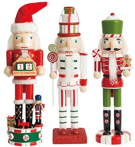 THE TWIDDLERS 3 Wooden Nutcracker Soldiers, 28cm / 11 in Festive Colours with Christmas Countdown - Premium Handmade Pine Wood Classic Traditional Ornaments, Xmas Decorations With Moving Parts