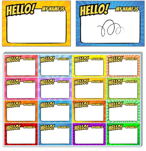 400 Stück - Hello My Name is Sticker, Namensschilder zum Beschriften | Superheld Comic Aufkleber, 75 x 50 mm