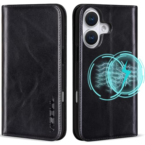 VS VISOUL Hülle für iPhone 16,Schutzhülle Echt Leder Schützt vor Stoß Kartenfach Magnetverschluss Stand klappbar handyhülle Handytasche Etui Case Schwarz A