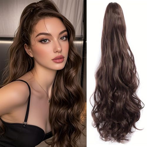 FDEETY Extension Capelli Ondulati Lunghi 60cm Posticcio Naturale Clip Parrucca Sintetica Ricci Castani Volume Aggiuntivo Donna