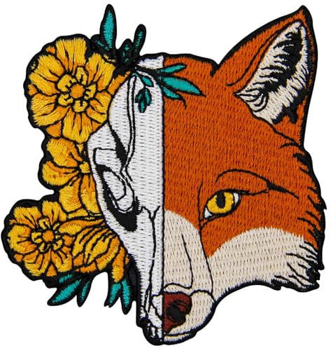 Aufnäher, bestickt, Design: Halber Fuchs und halber Blumenschädel, zum Aufbügeln oder Aufnähen