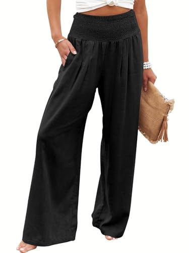 Cegerne Pantalon en Lin Pantalon d’été pour Femmes Léger Décontracté Large Jambe Palazzo Casual, Noir, L
