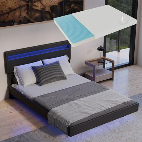 Juskys Schwebebett Lissabon 140x200 cm schwarz mit Matratze - Polsterbett mit LED, Lattenrost und Kopfstütze - Modernes Bett mit Holz Bettgestell und Kunstleder